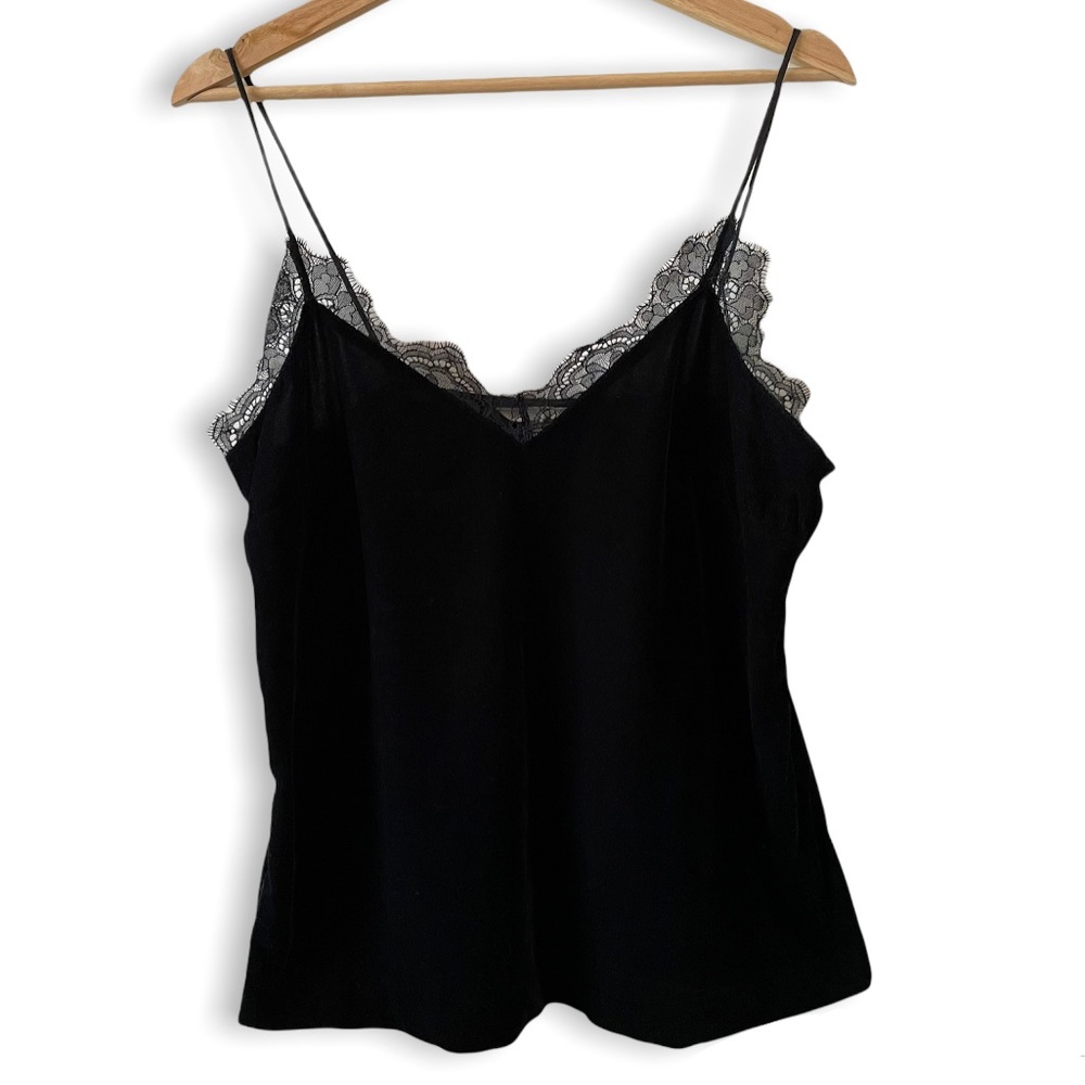 H&M Black Velvet Tank Top With Lace Trim size 10